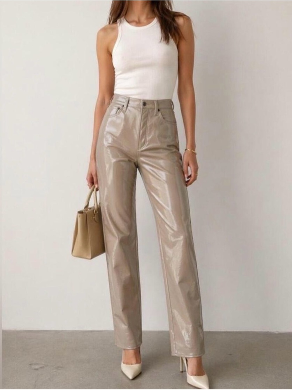 Agolde Glossy Taupe Straight Leg Leather Pants